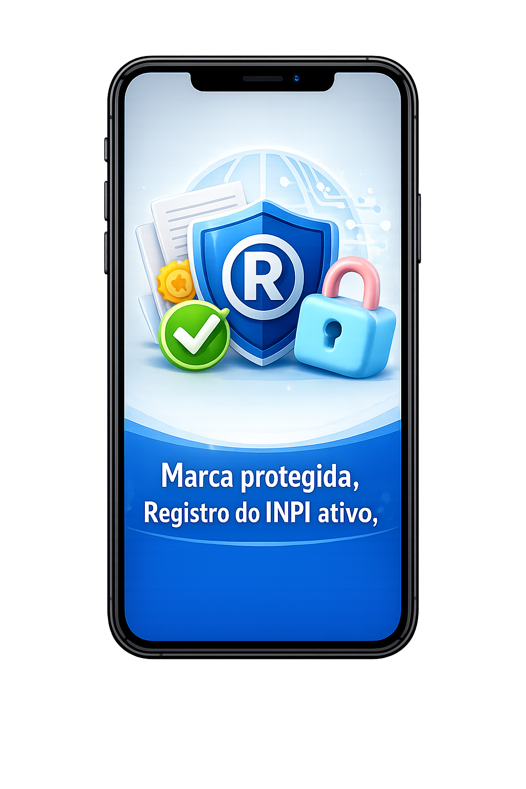 Tela de smartphone mostrando Marca Protegida com registro INPI ativo